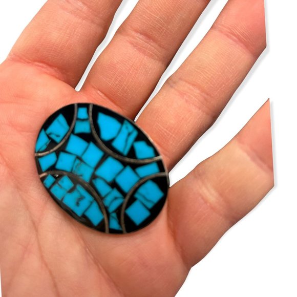 Vintage Oval Mexico 925 Silver C11 Turquoise Inlaid Brooch Pin, Southwestern Sty - Picture 3 of 4